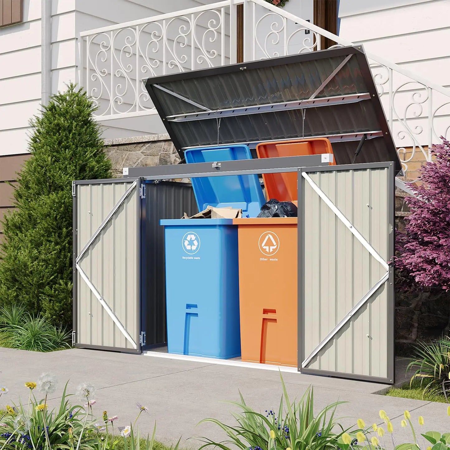 Metal Outdoor Storage Shed With Waterproof 2 Bin Organizer