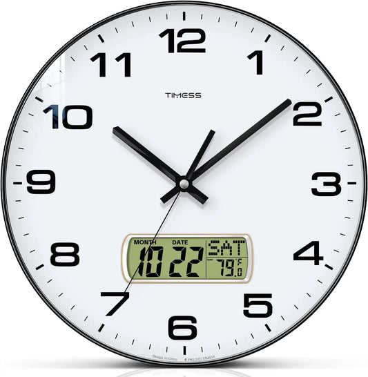 Timess Battery Operated Calendar Wall Clock With Fahrenheit Temperature Display