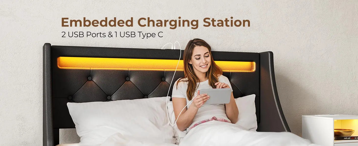 Queen Bed Frame With LED Lights And Charging Station