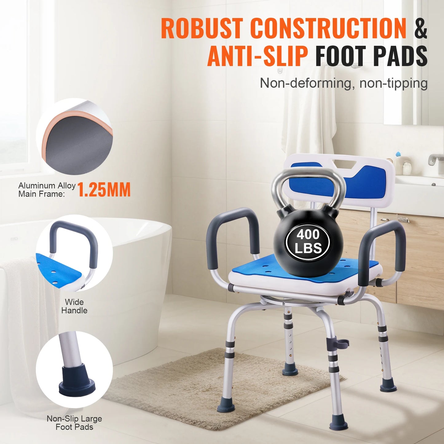 SucceBuy 360 Degree Swivel Shower Chair With Armrests And Backrest Non Slip