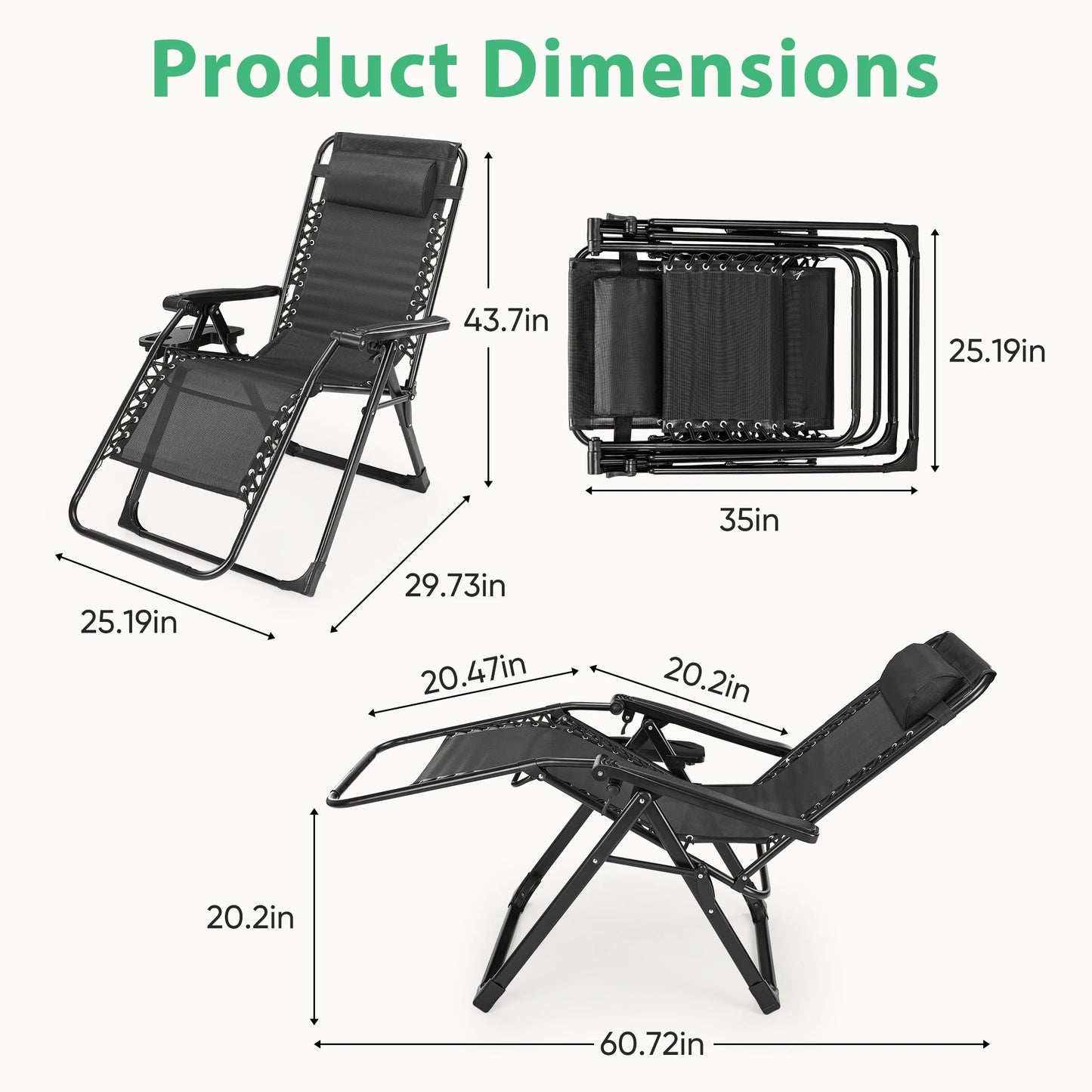 JHK Zero Gravity Portable Recliner With Cup Holder Trays