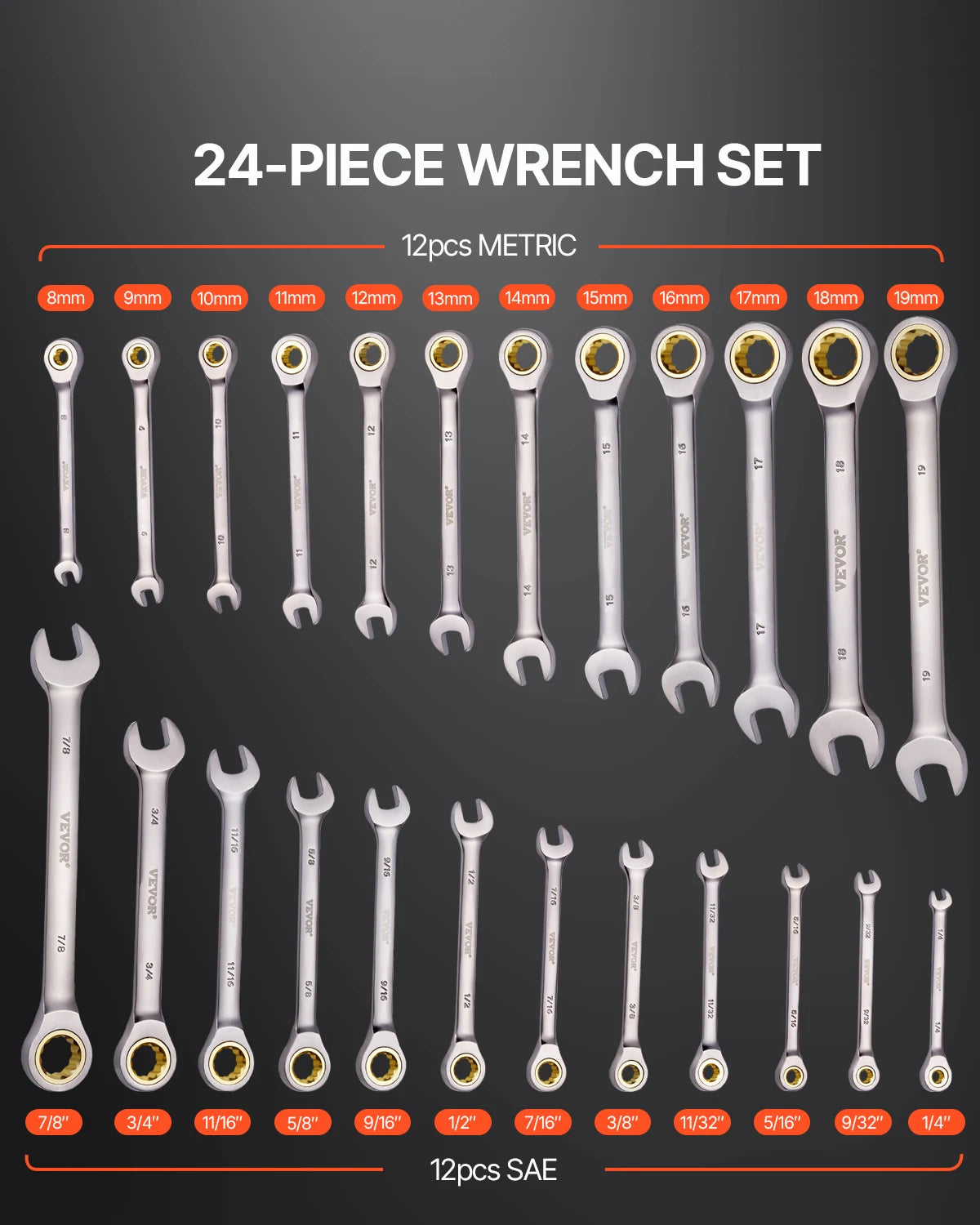 SucceBuy 24/30-Piece Ratcheting Wrench Set With Organizer Cr-V SAE Metric