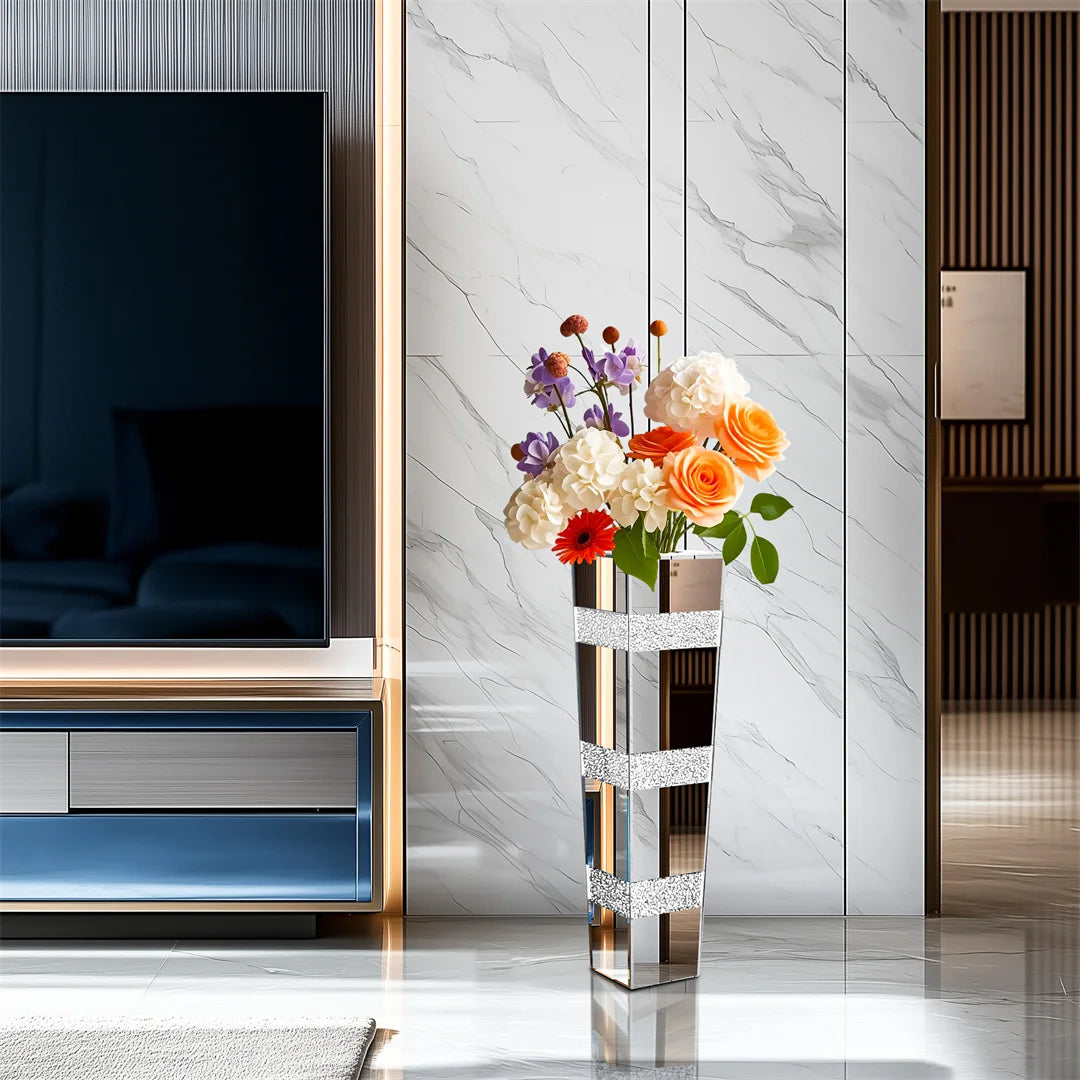 Modern Floor Vase With Crystal Glass Standing Mirrored Flower Display