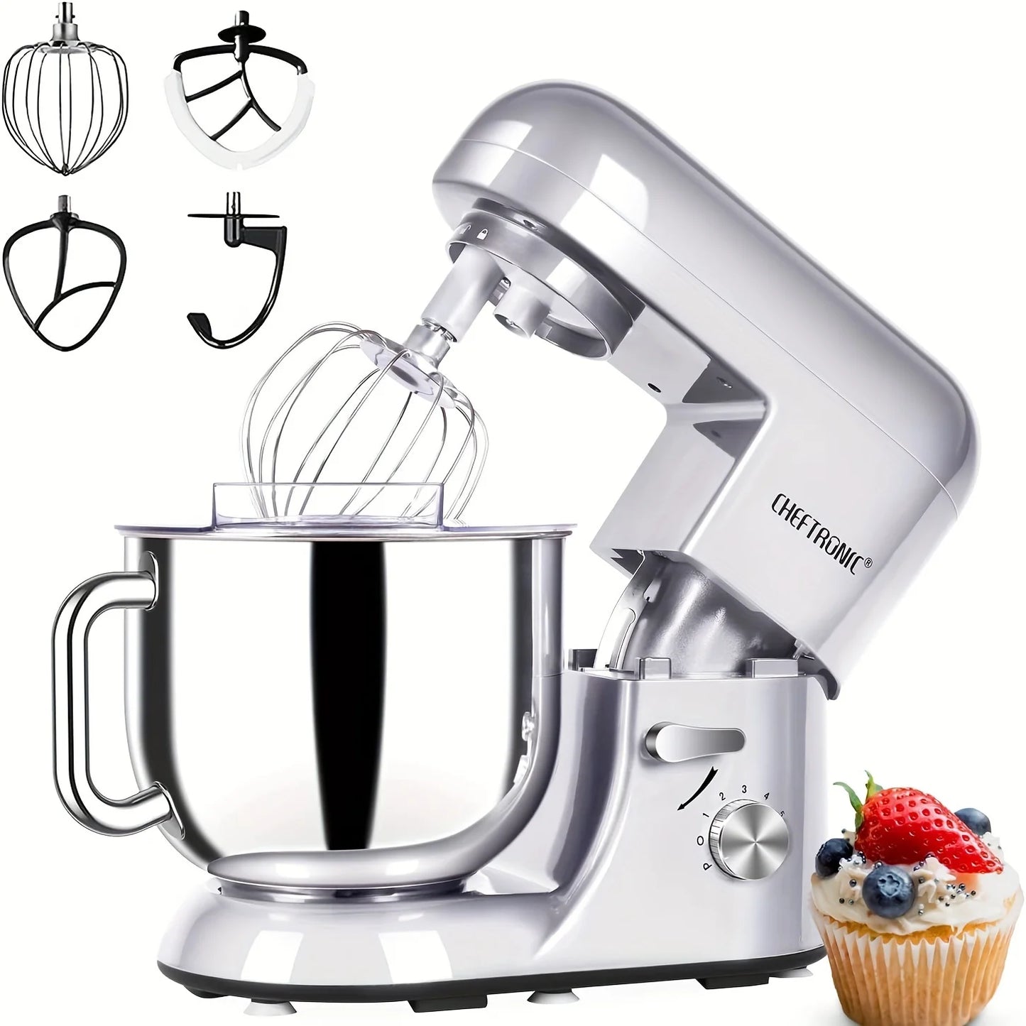 Cheftronic Tilt Head Stand Mixer Six Speed 650W Milk Frother
