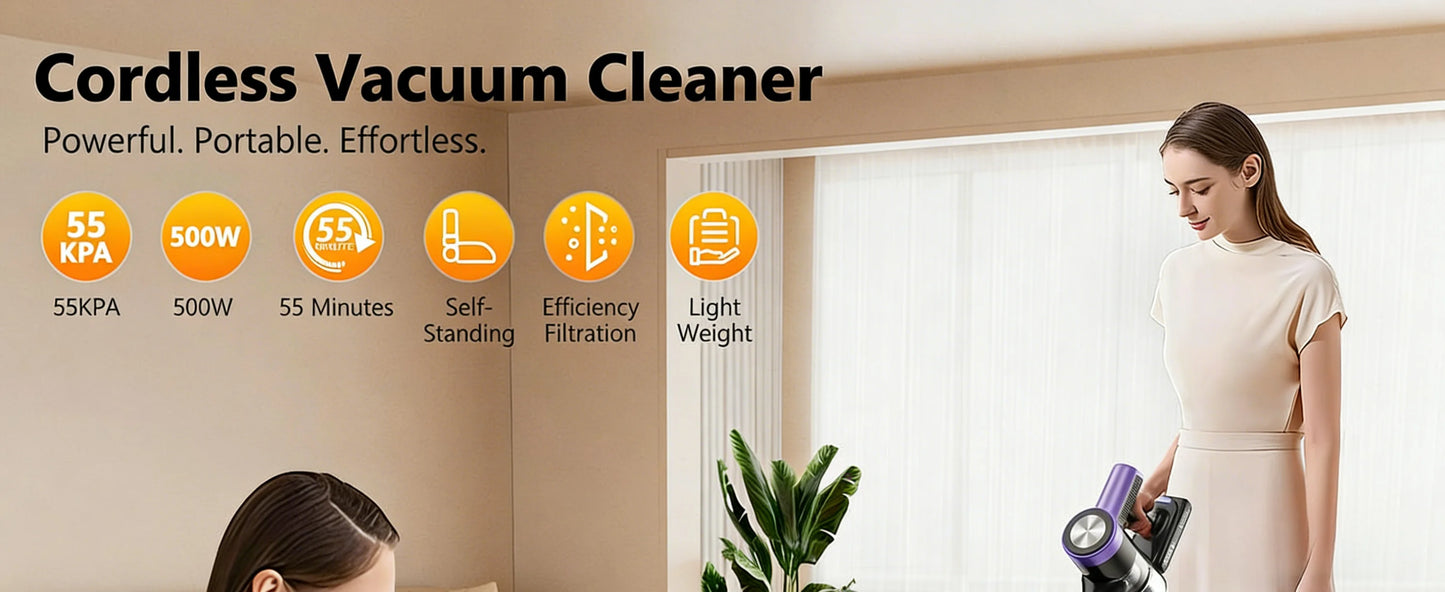 SUXIANGVAC Cordless Vacuum Cleaner 55 KPa 55 Minute Runtime Self Standing