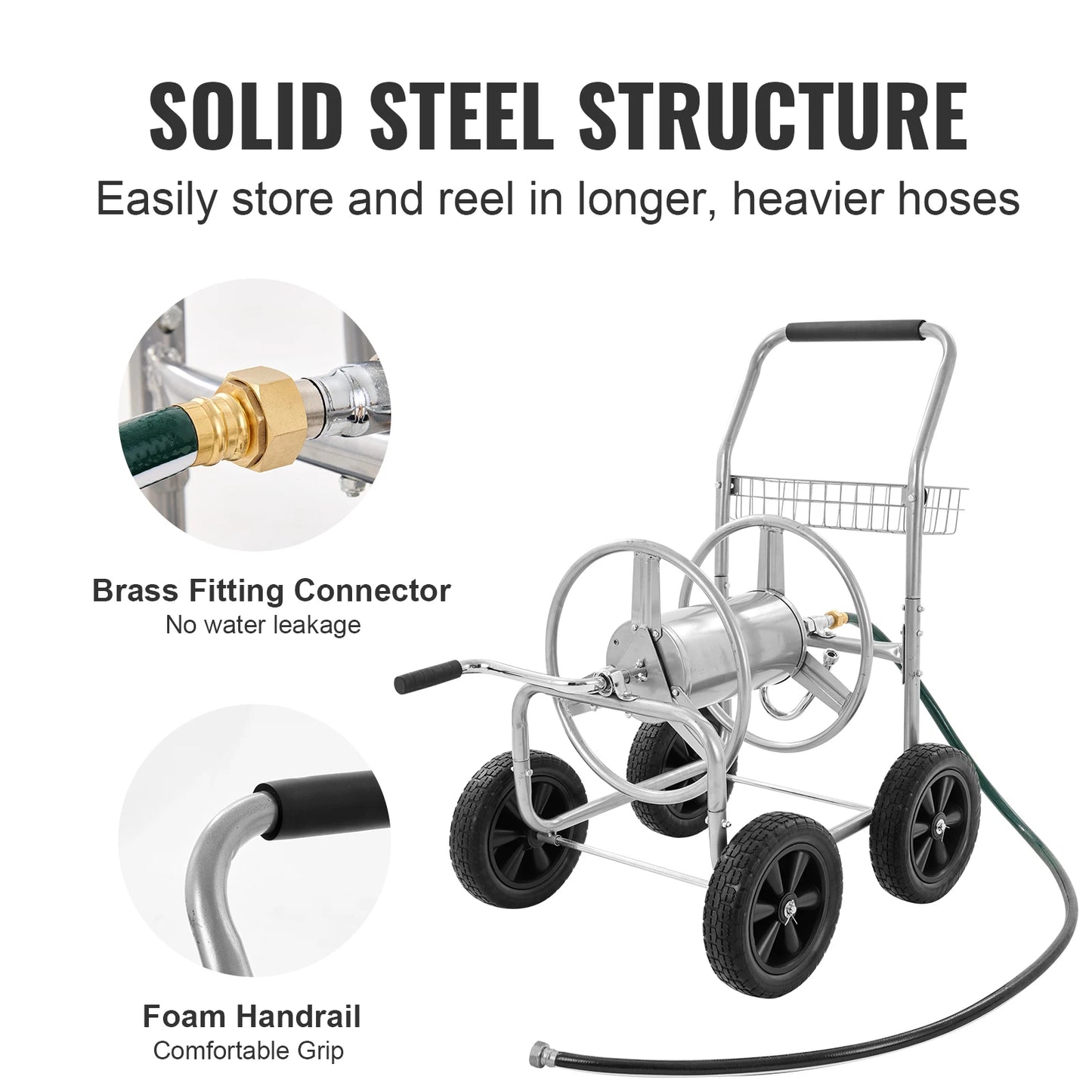 SucceBuy Hose Reel Cart With Basket Heavy Duty Garden Steel
