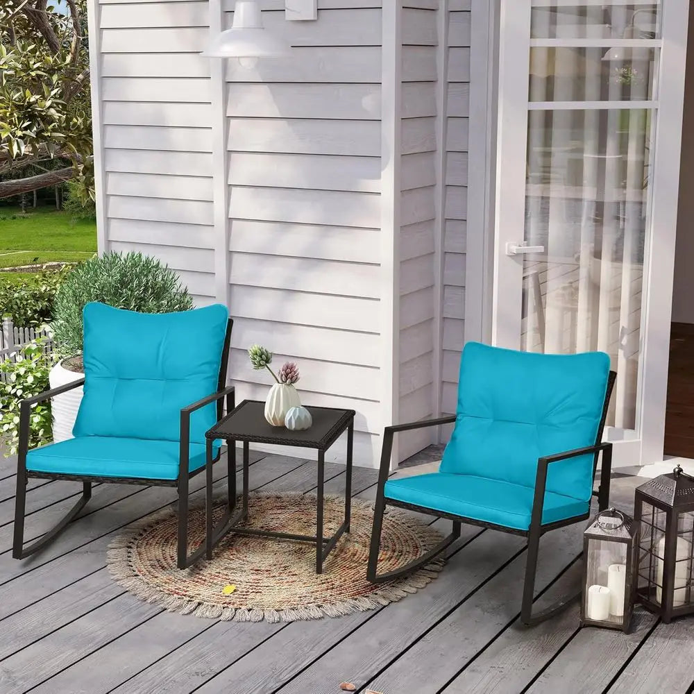 3-Piece Wicker Outdoor Rocking Bistro Set With Cushions Coffee Table