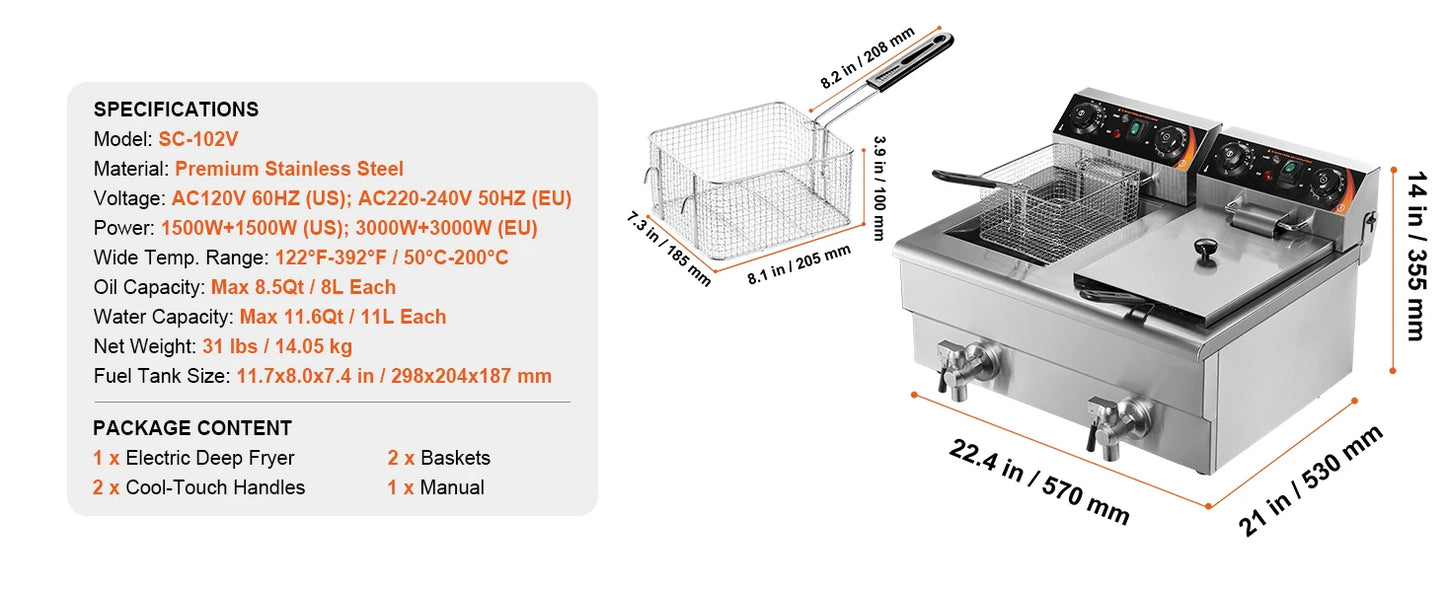 SucceBuy Twin Basket Electric Deep Fryer Commercial Countertop