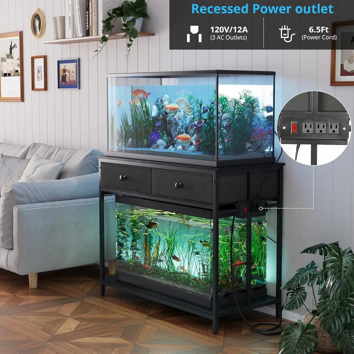 Aquarium Stand With Power Outlet And Metal Frame Cabinet Storage
