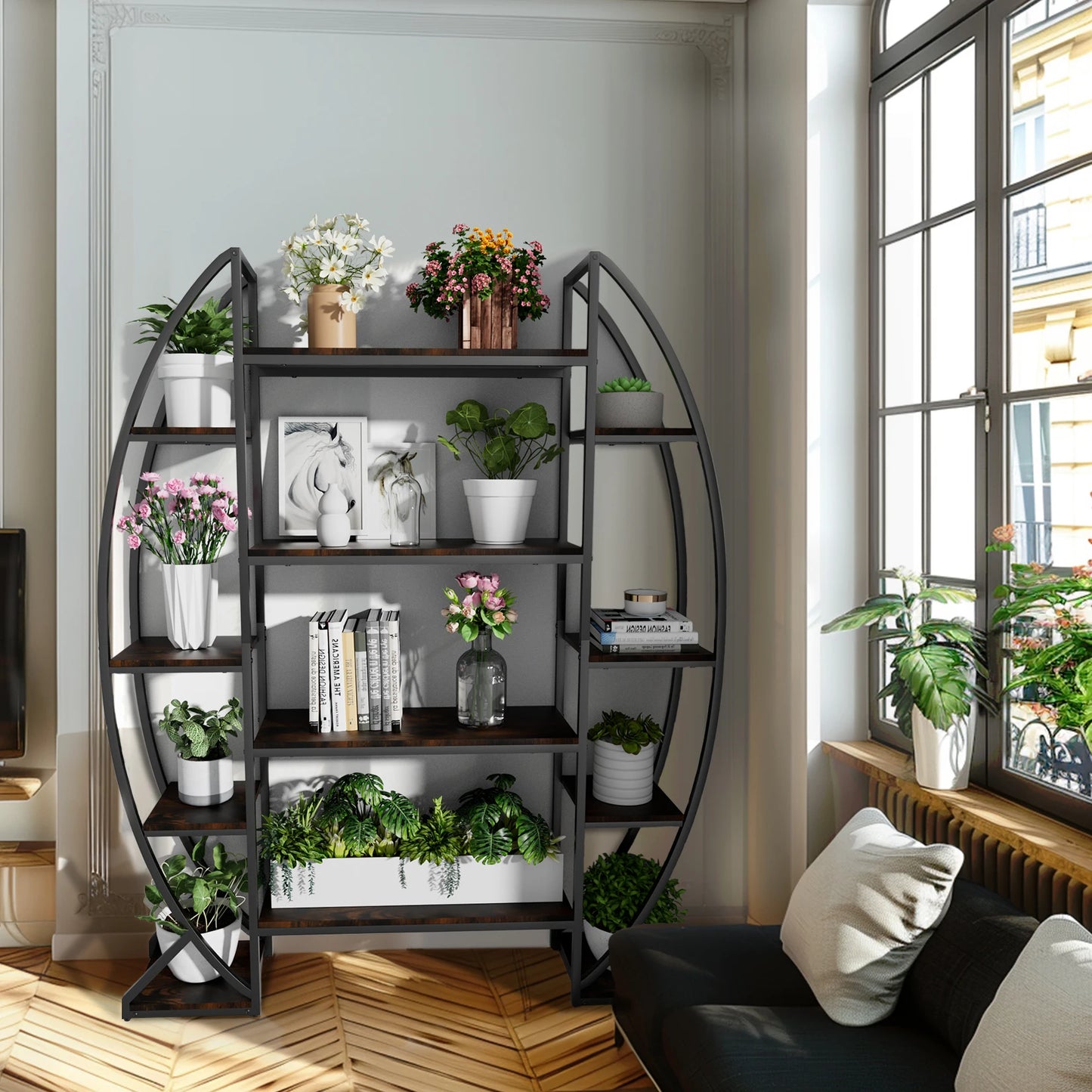 Iron Half Moon Plant Stand Multilayer Bookshelf Industrial Storage Rack