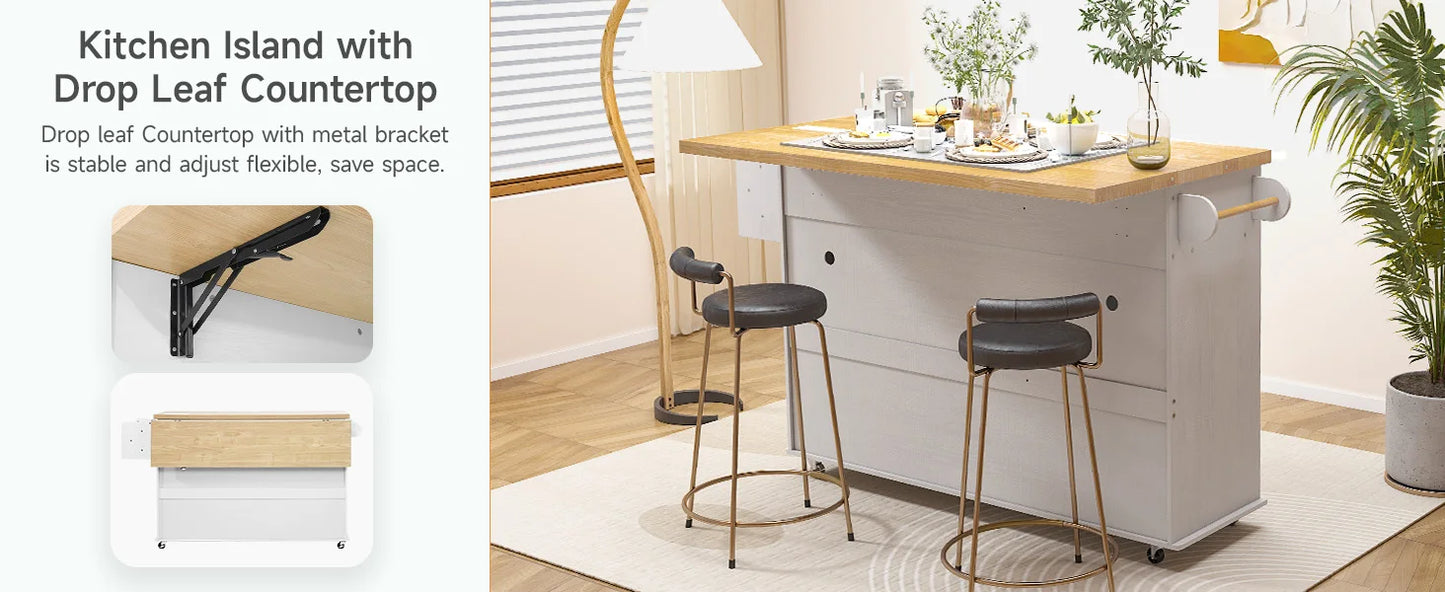 ONBRILL Rolling Mobile Kitchen Island With Power Outlet Towel Rack
