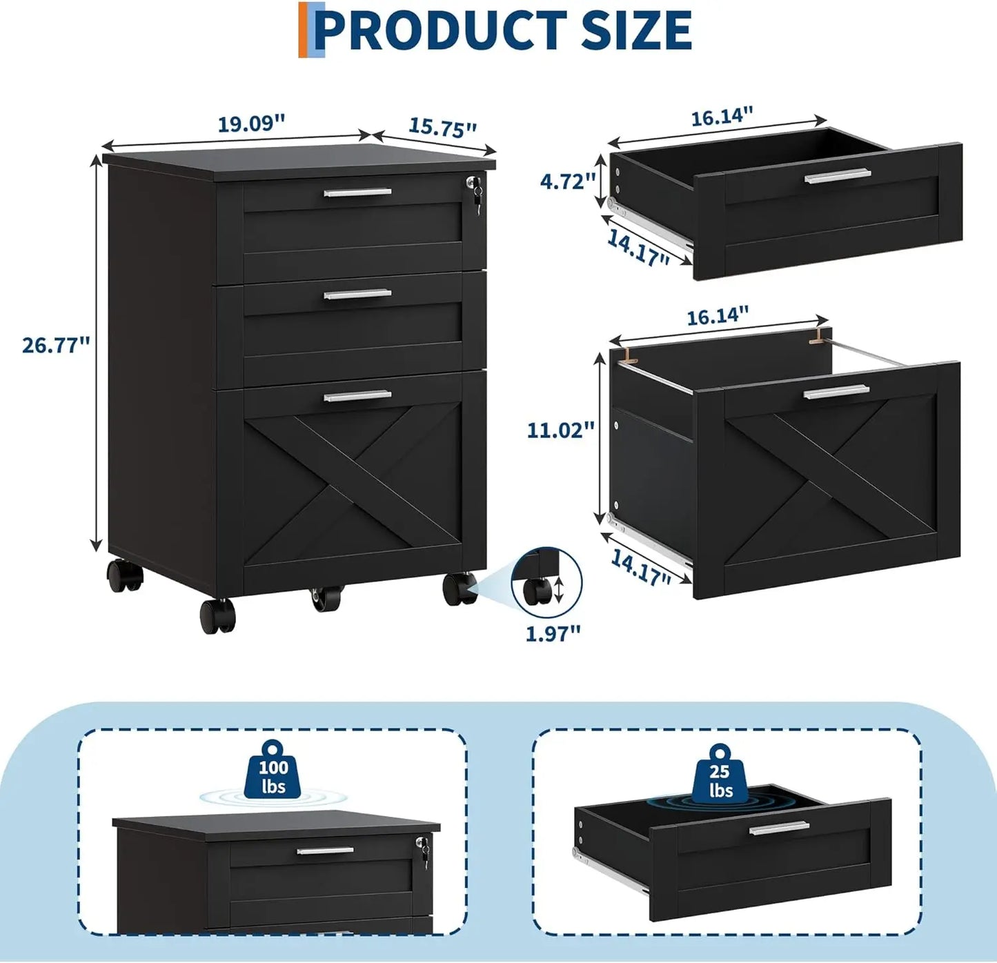 HiMISS 3-Drawer Rolling File Cabinet With Lock For Office