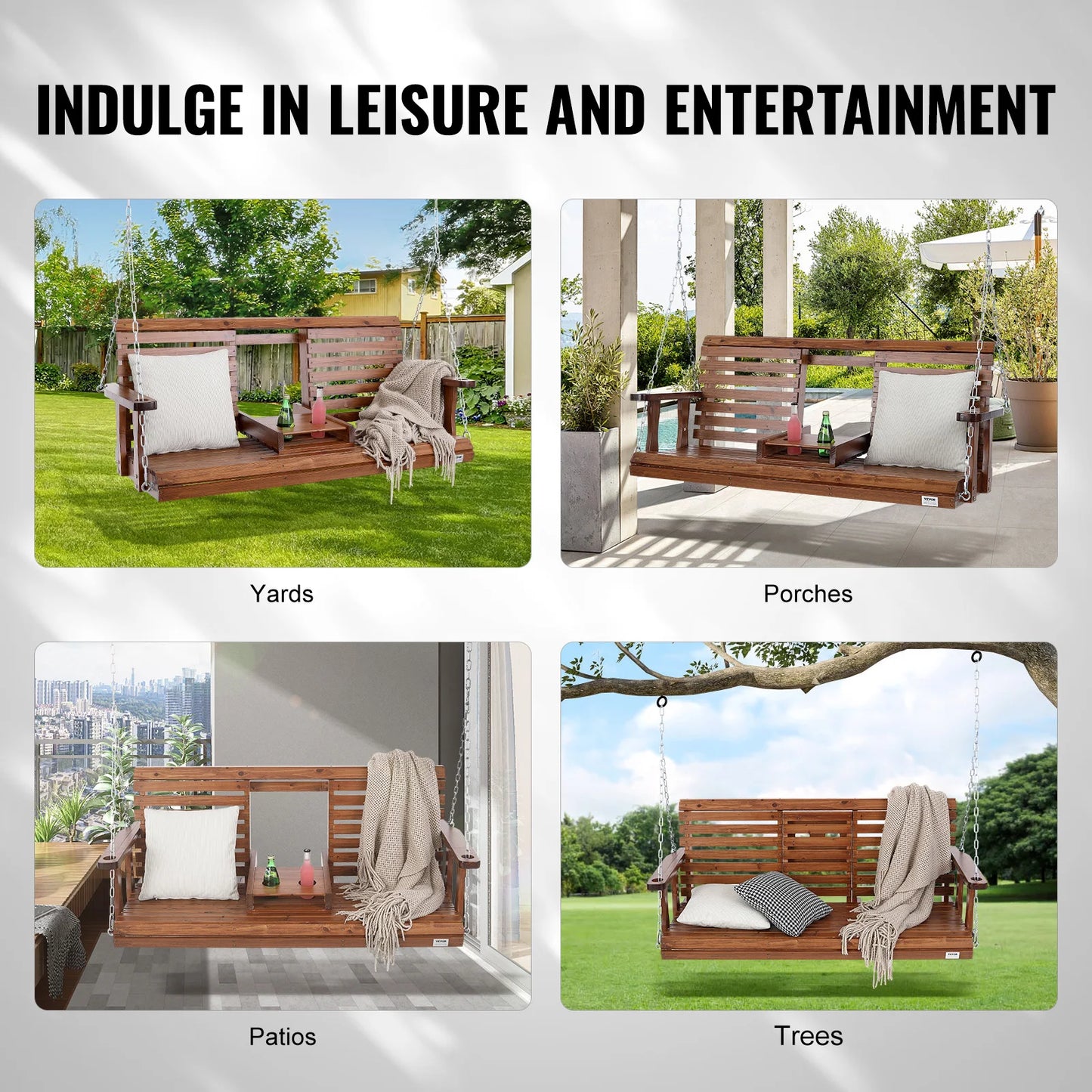 SucceBuy Wooden Porch Swing Outdoor Patio Bench Garden Seat