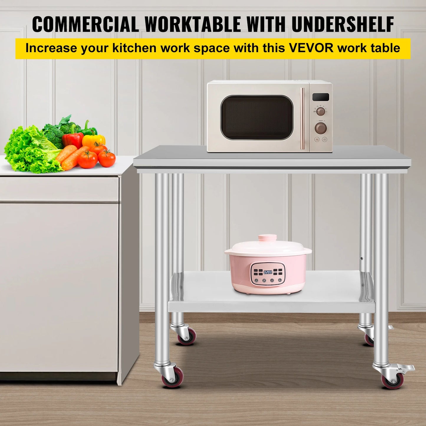 SucceBuy Stainless Steel Kitchen Work Table With Casters For Home