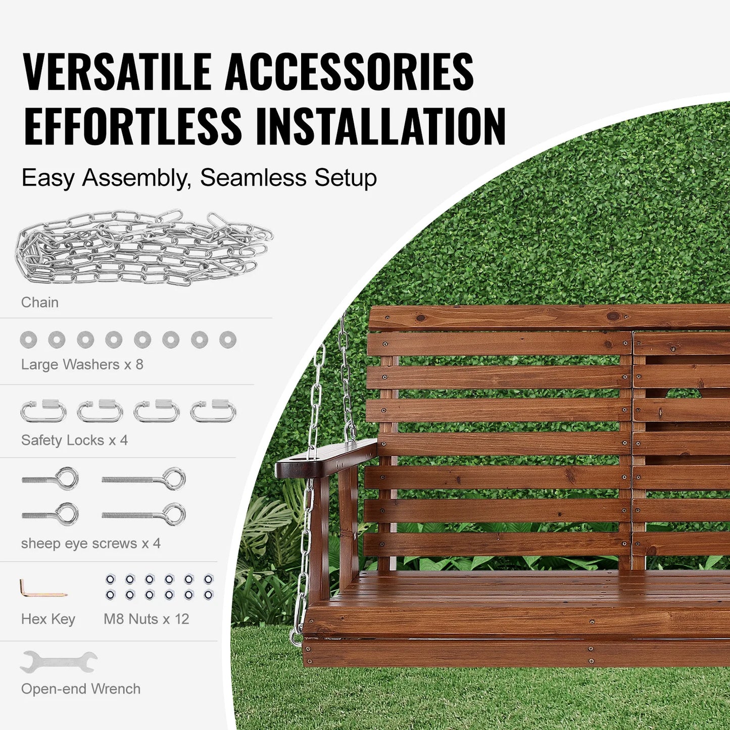 SucceBuy Wooden Porch Swing Outdoor Patio Bench Garden Seat