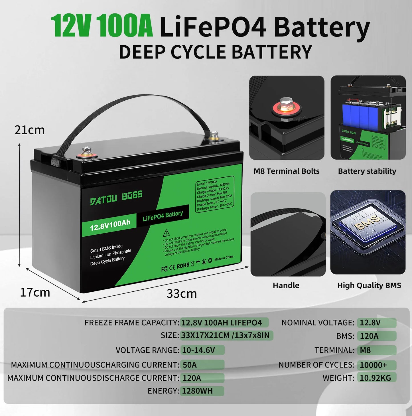 DATOUBOSS MFUZOP 12V 100Ah LiFePO4 Battery With BMS