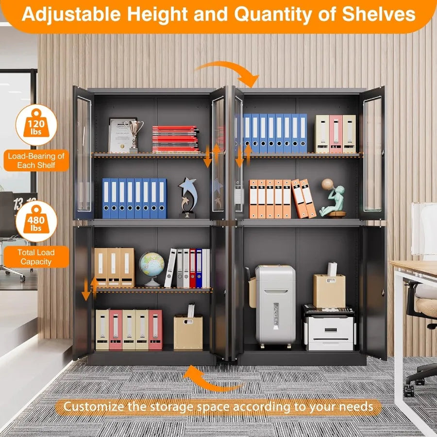 Lockable Metal Storage Cabinet With Glass Doors For Office Use