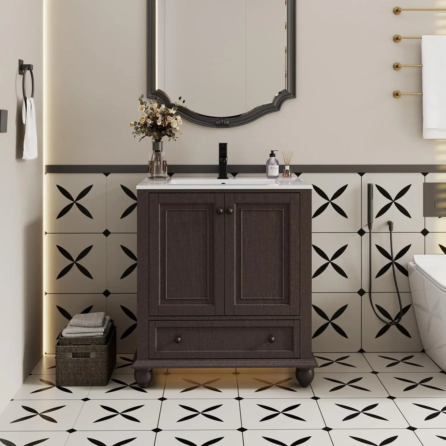 Bathroom Vanity And Sink Combo With Retro Painted Cabinet Matte Faucet
