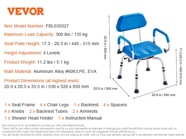 SucceBuy 360 Degree Swivel Shower Chair With Armrests And Backrest Non Slip