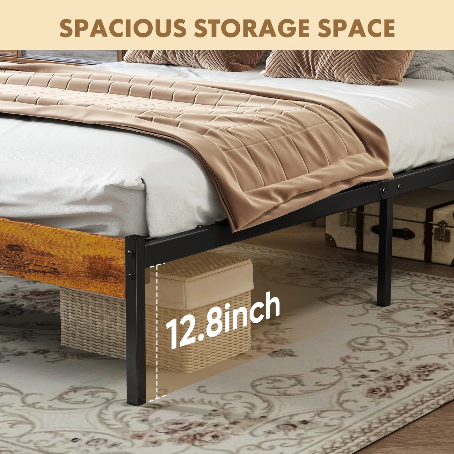 MCQ Wooden Headboard Platform Bed Frame With Metal Slats