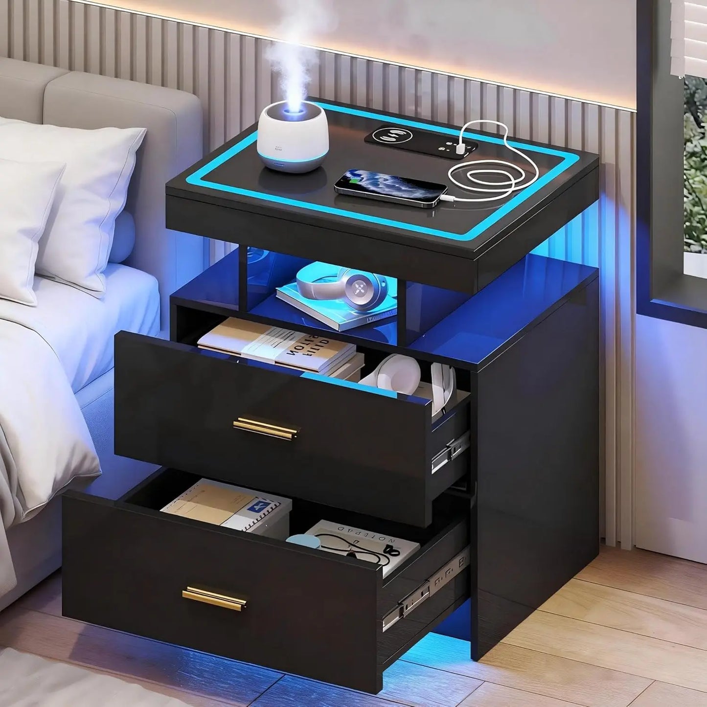 Nightstands Set With Wireless Charging Auto Sensor Led End Tables