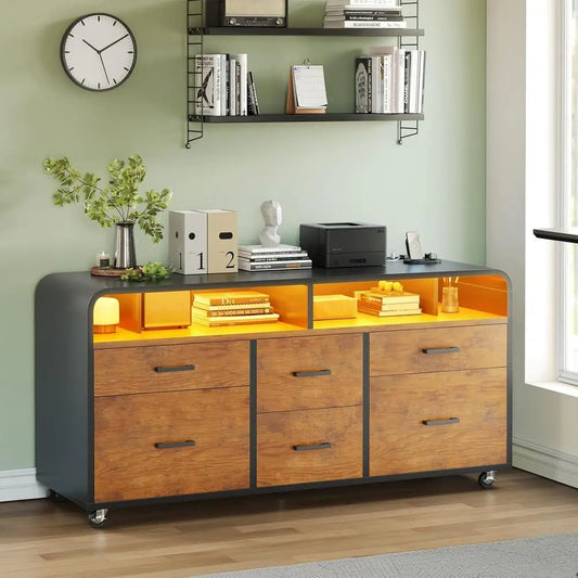 Wood Mobile Lateral File Cabinet With 6 Drawers LED Lighting