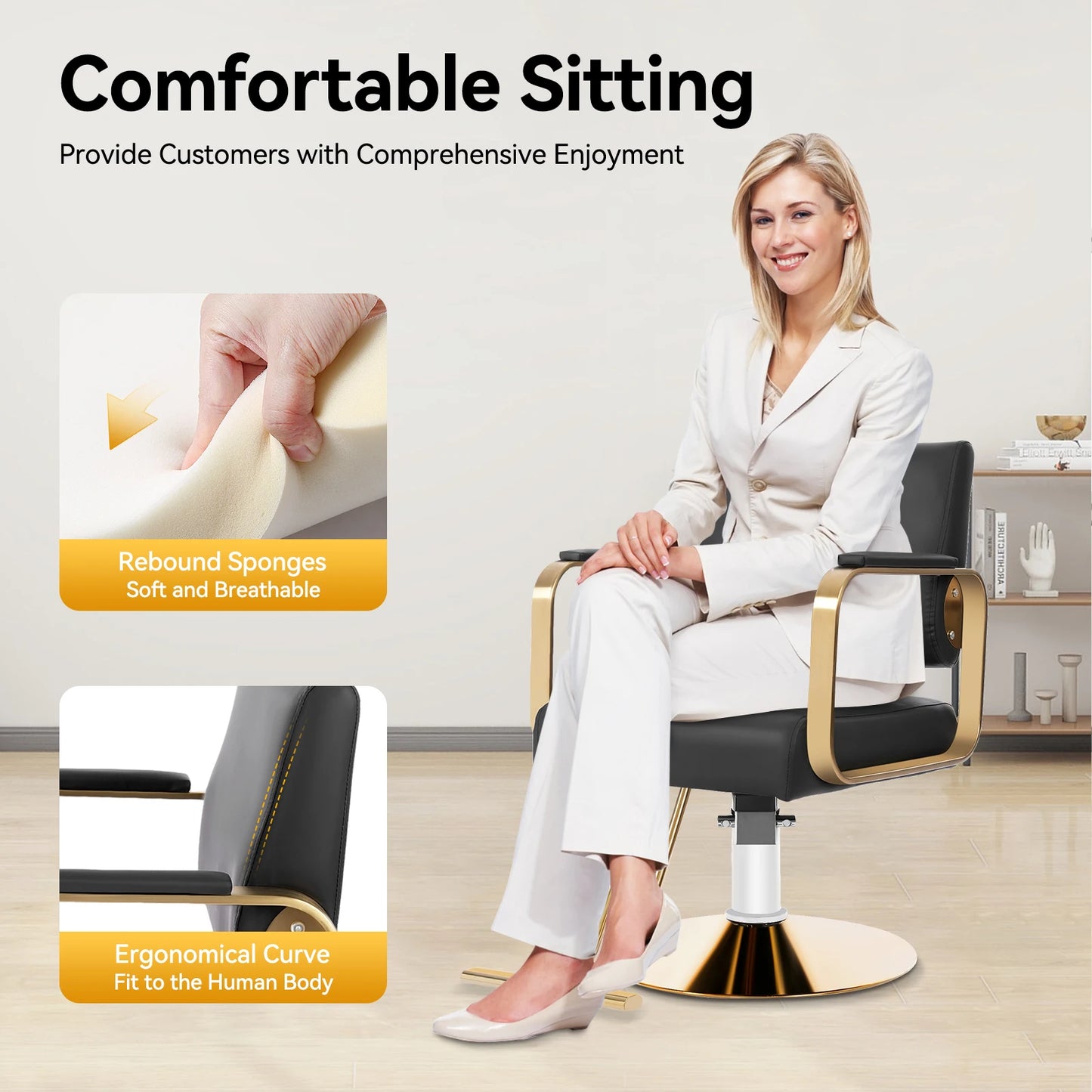 360 Degree Rotating Hair Salon Chair Black and Gold Freestanding