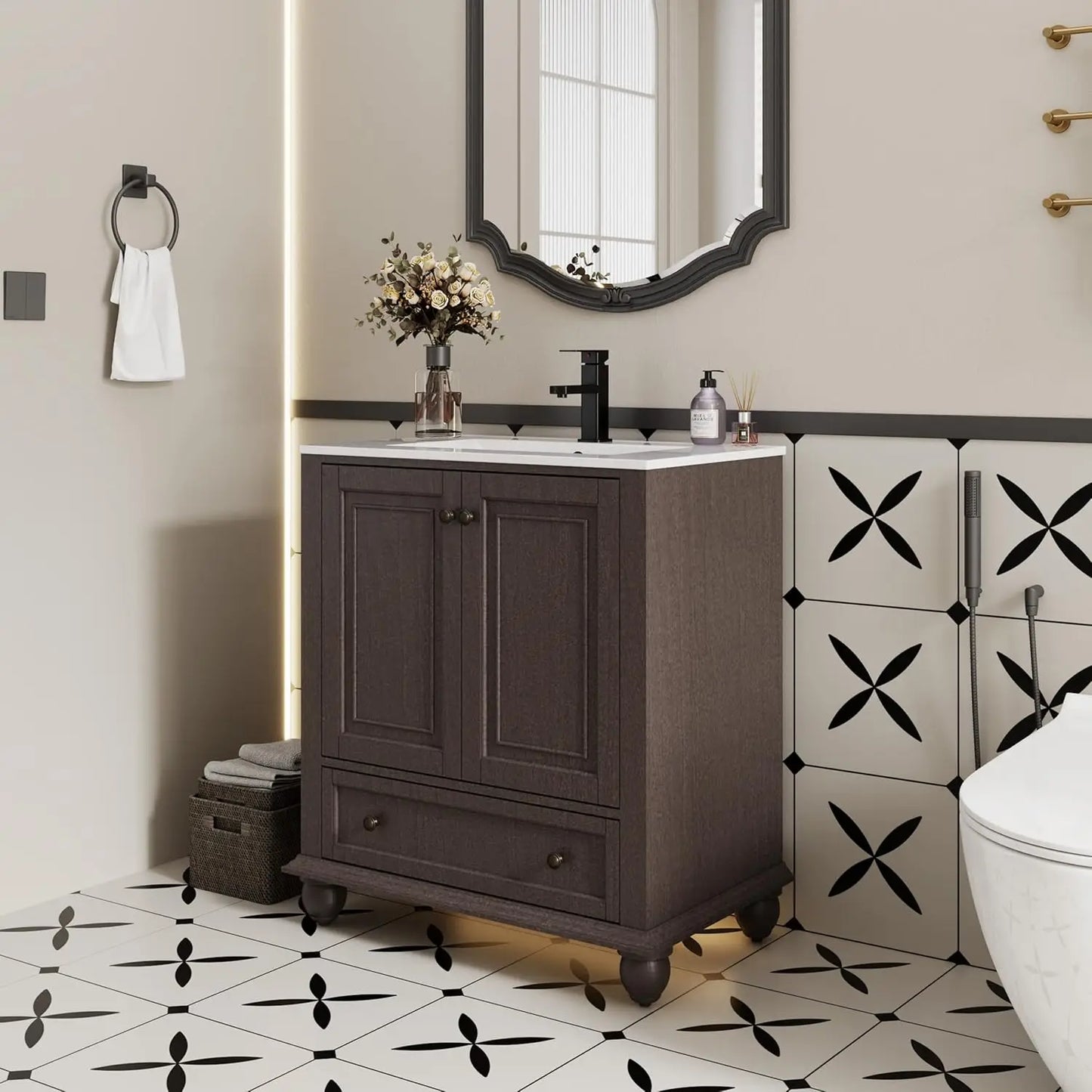Bathroom Vanity And Sink Combo With Retro Painted Cabinet Matte Faucet