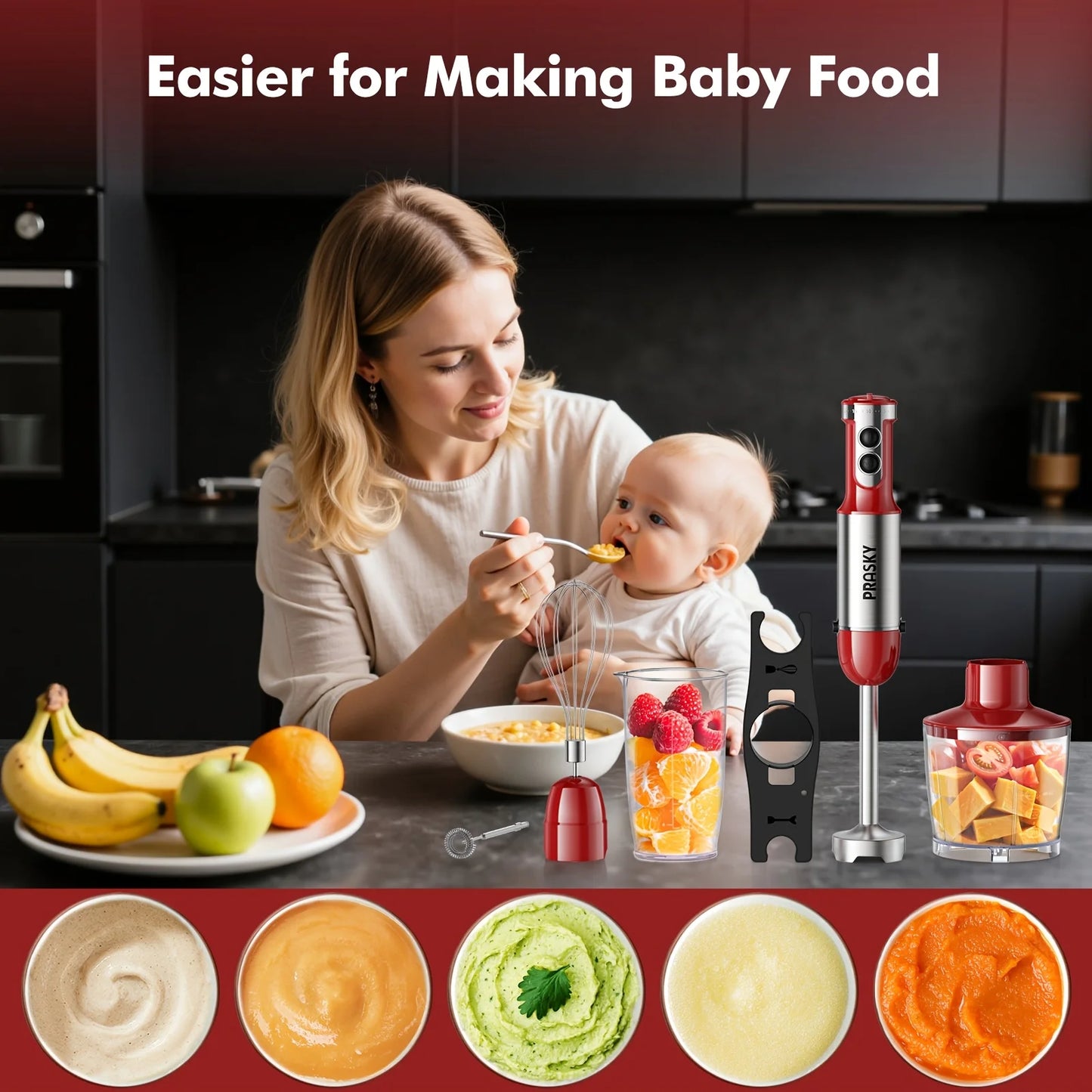 Prasky 5-In-1 Handheld Immersion Blender With Whisk And Meat Chopper