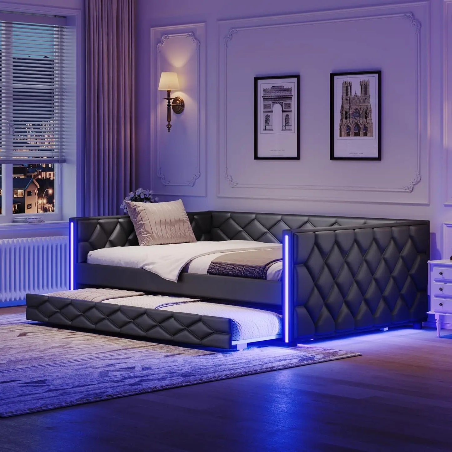 PU Upholstered Daybed With Trundle LED Sofa Bed Frame