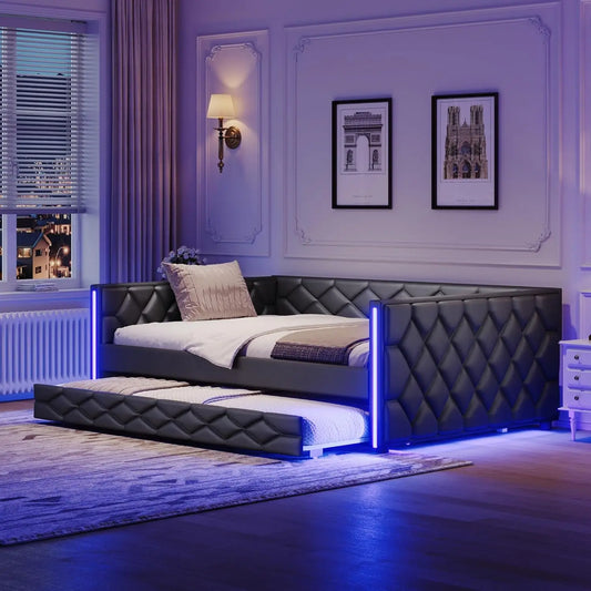 PU Upholstered Daybed With Trundle LED Sofa Bed Frame