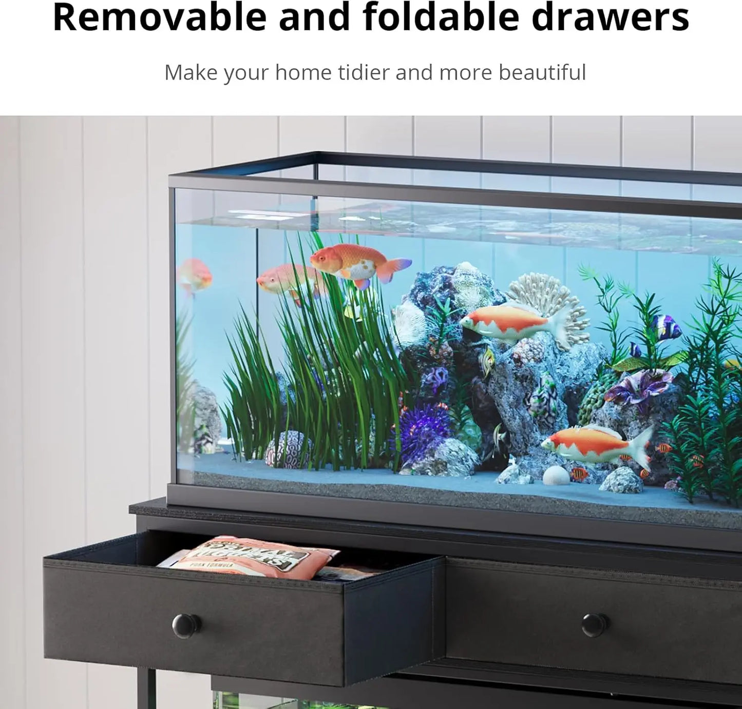 Aquarium Stand With Power Outlet And Metal Frame Cabinet Storage