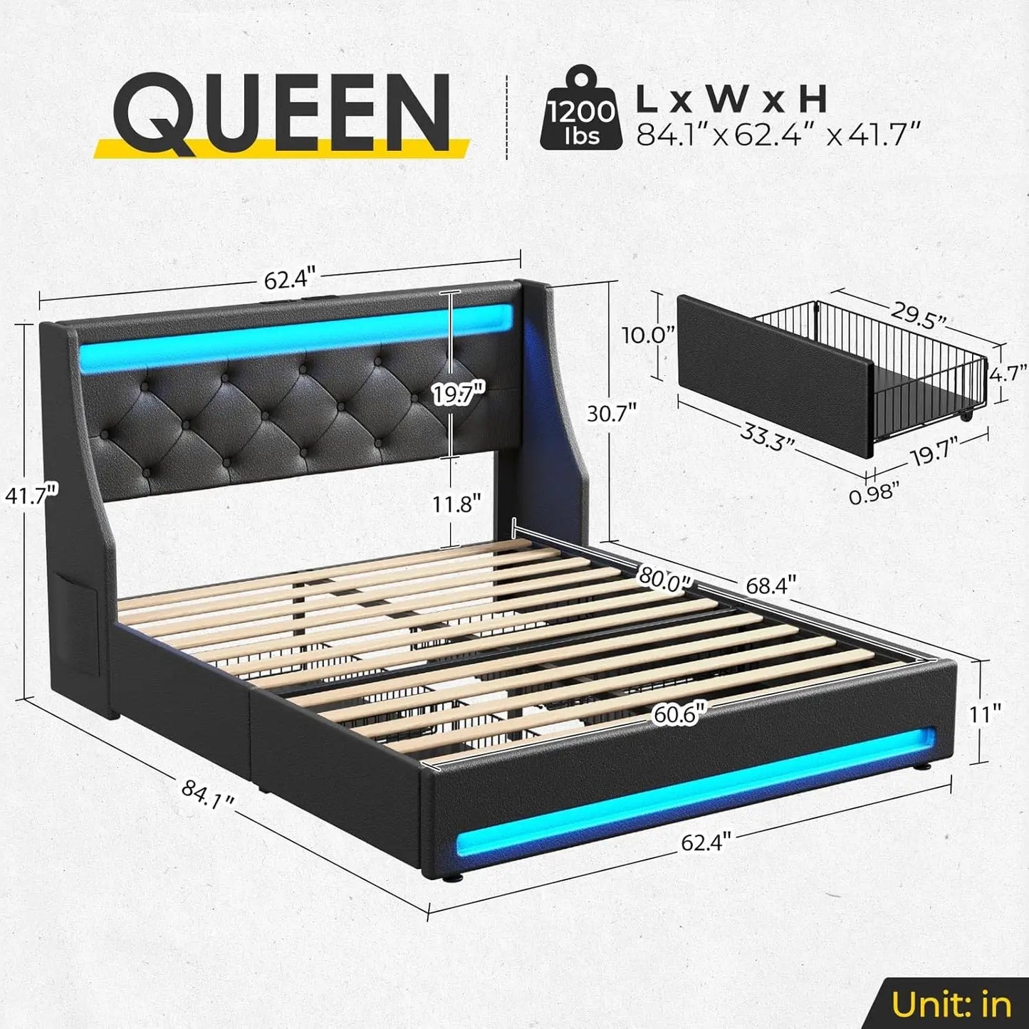 Queen Bed Frame With LED Lights And Charging Station