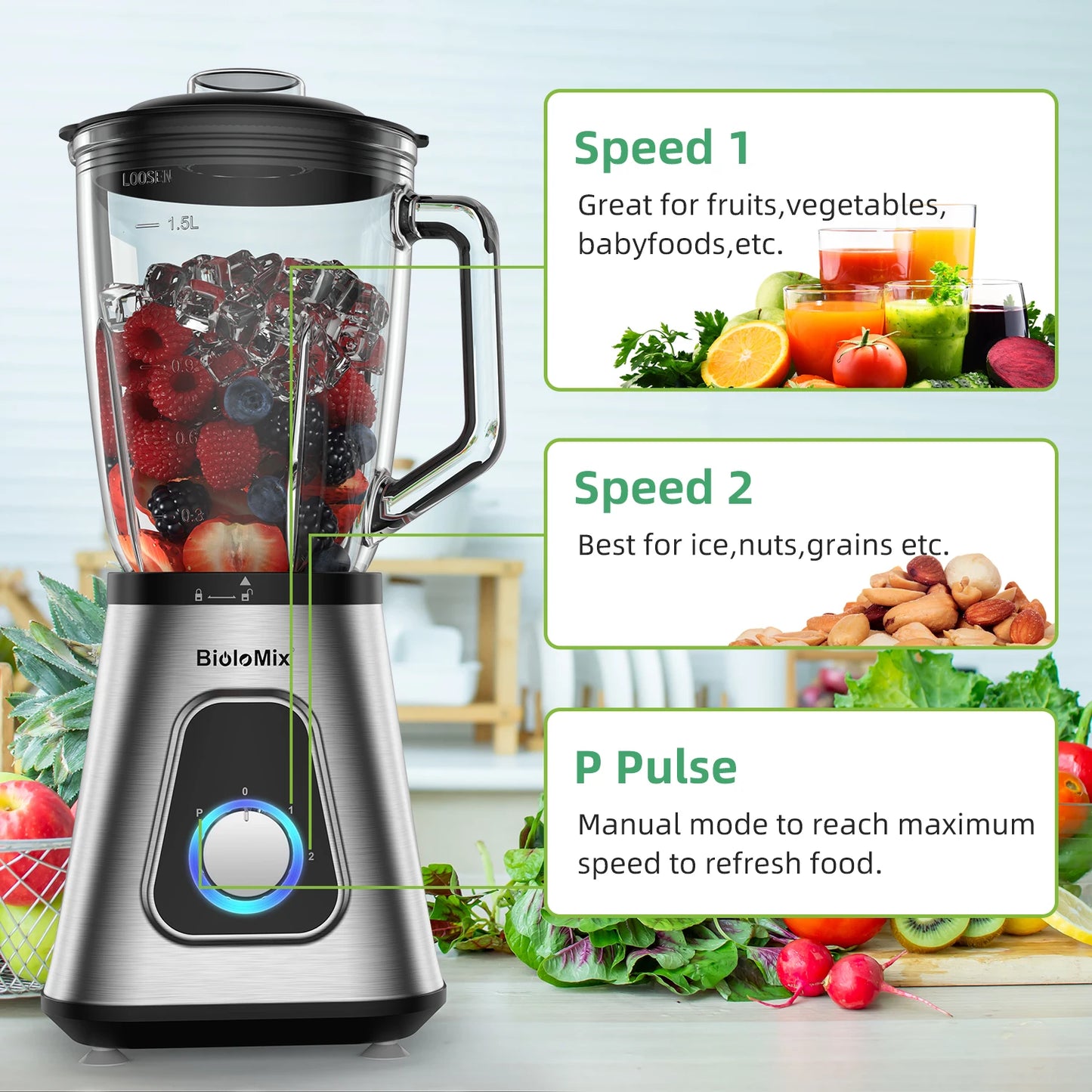 Biolomix 1300W Smoothie Maker With 1.5L Glass Jar Kitchen