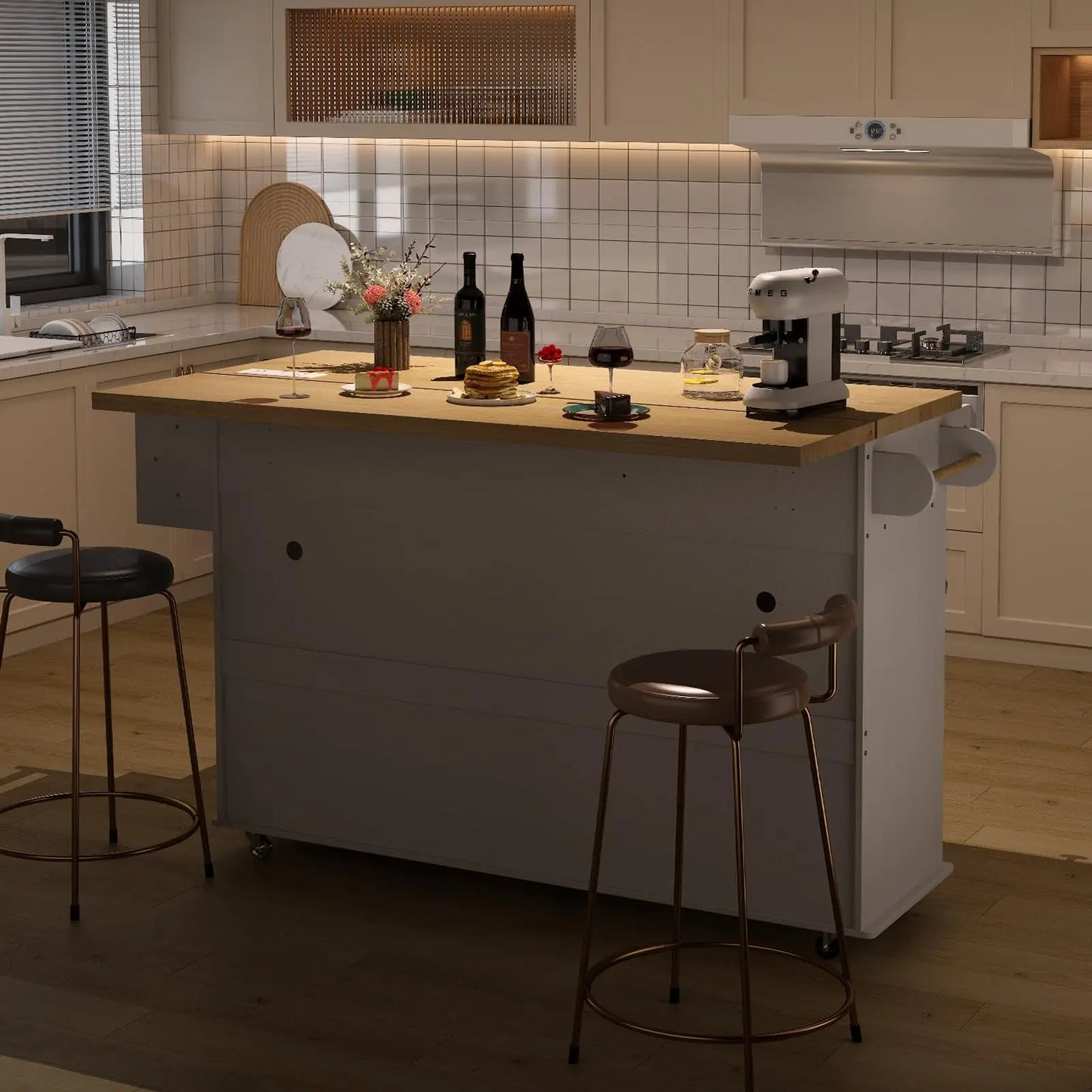 ONBRILL Rolling Mobile Kitchen Island With Power Outlet Towel Rack