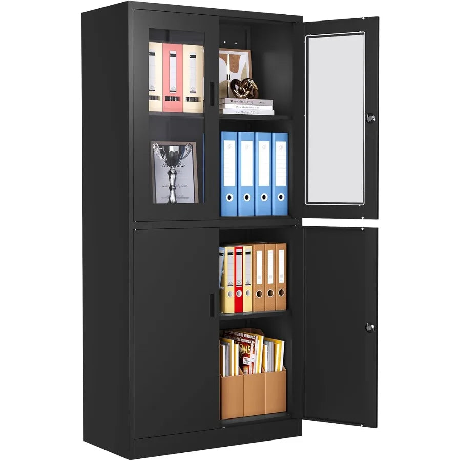Lockable Metal Storage Cabinet With Glass Doors For Office Use