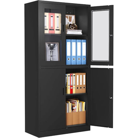 Lockable Metal Storage Cabinet With Glass Doors For Office Use
