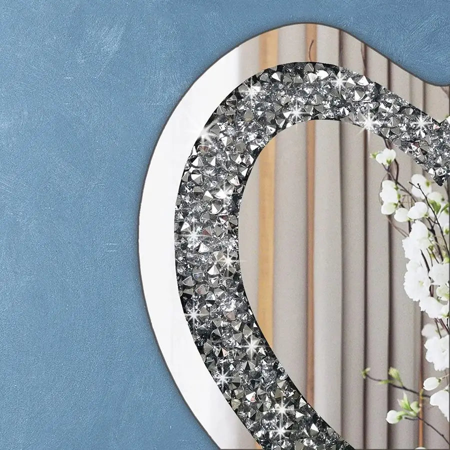 Crystal Crush Diamond Heart Shaped Silver Wall Decor Mirror Frameless