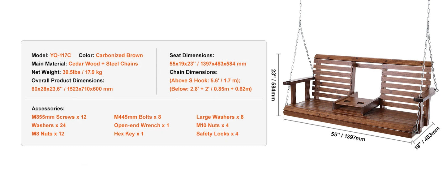 SucceBuy Wooden Porch Swing Outdoor Patio Bench Garden Seat