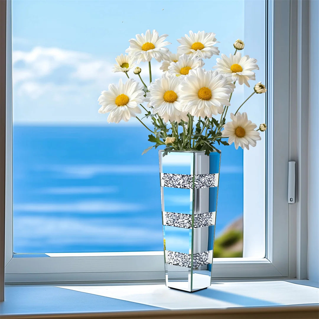 Modern Floor Vase With Crystal Glass Standing Mirrored Flower Display