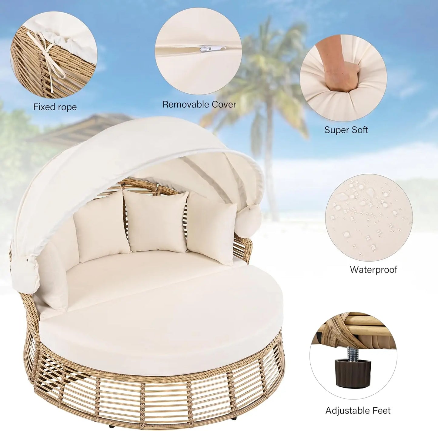 Outdoor Patio Rattan Round Daybed With Retractable Canopy