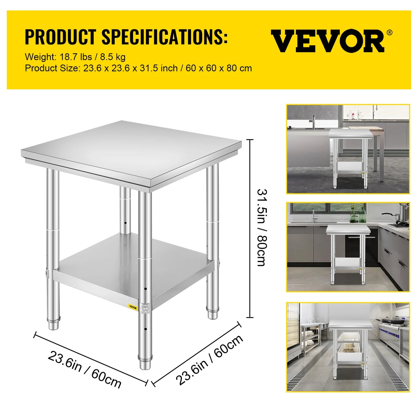 VEVOR Commercial Stainless Steel Kitchen Work Bench With Undershelf