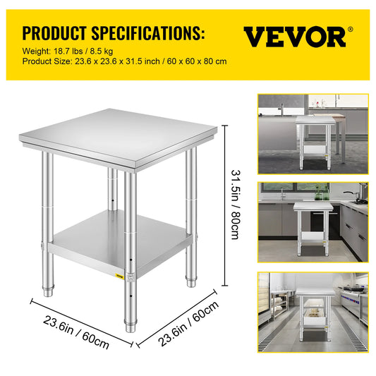 VEVOR Commercial Stainless Steel Kitchen Work Bench With Undershelf