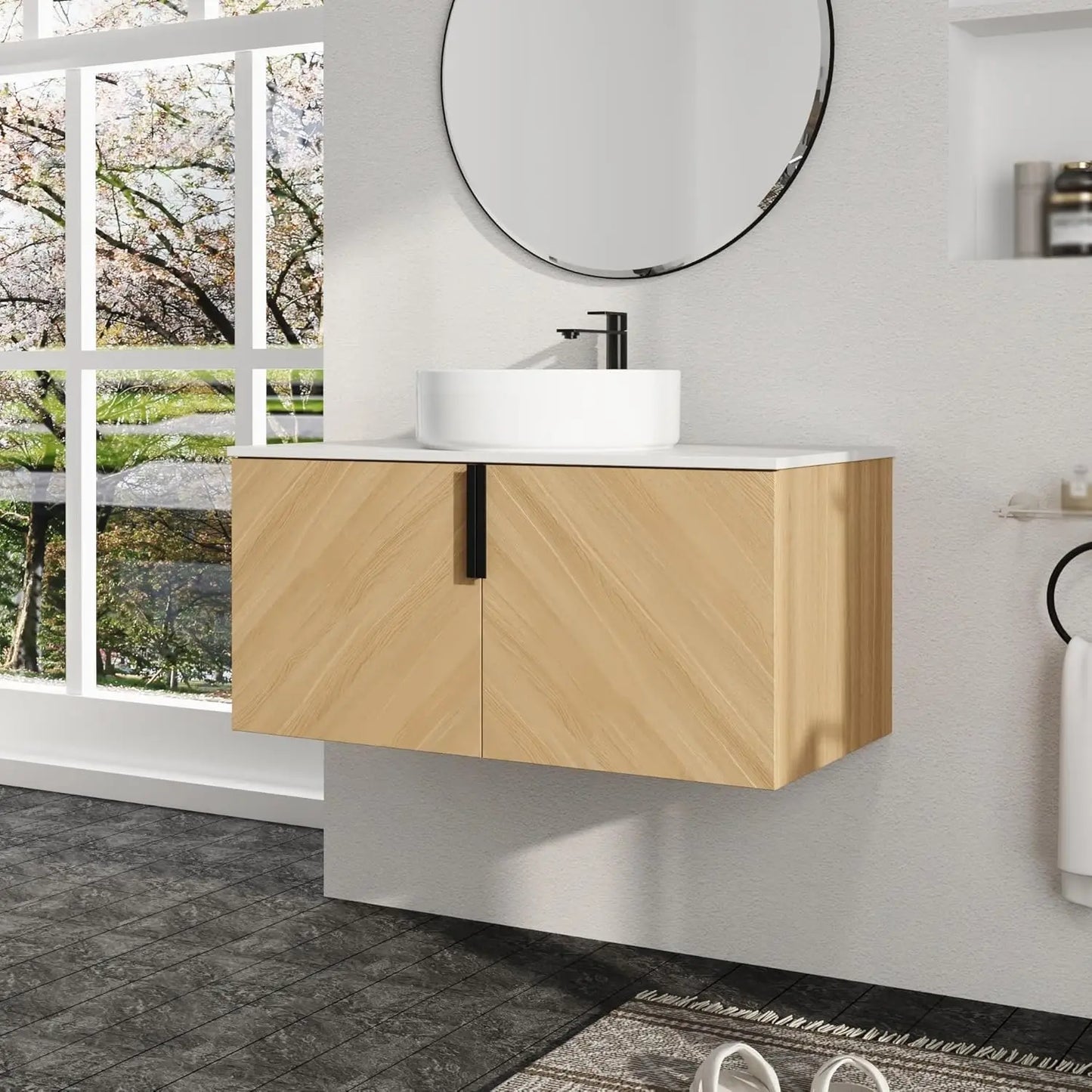 Floating Modern Bathroom Vanity Set With Wood Sink