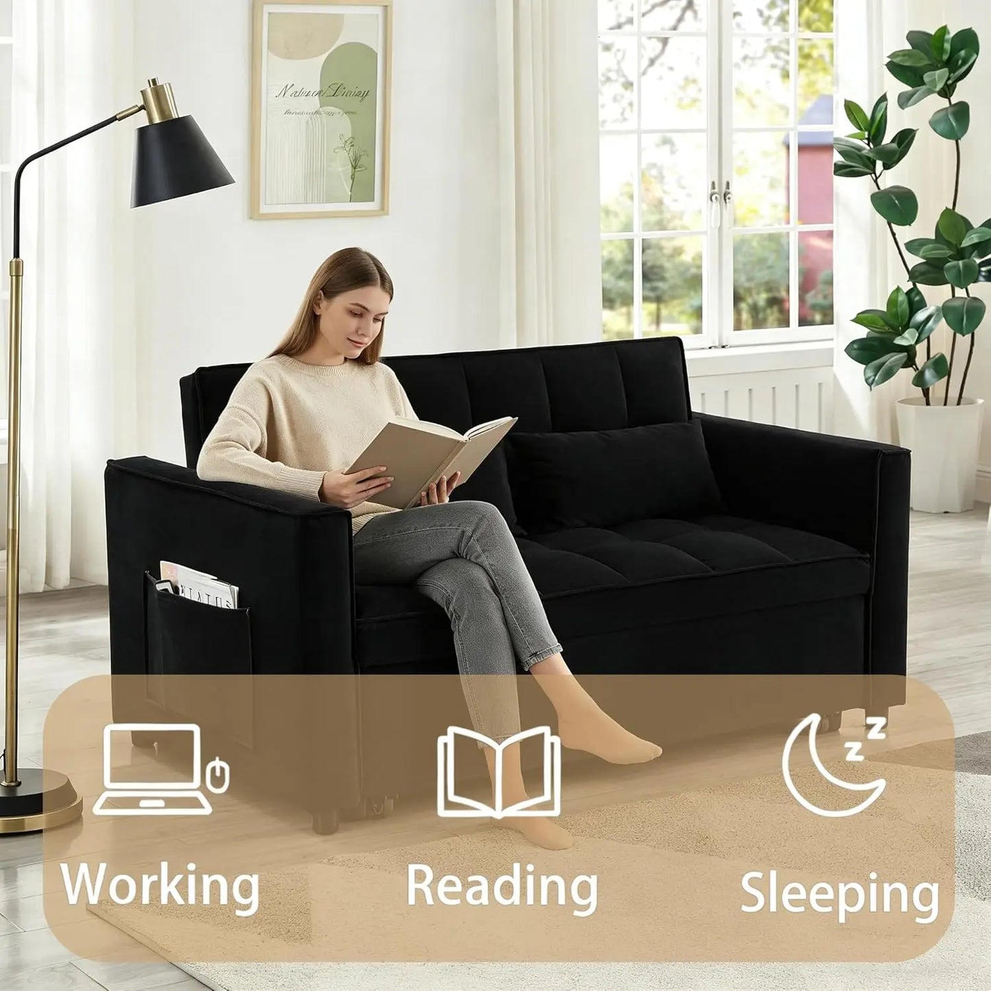 3-In-1 Velvet Sleeper Sofa Bed With Storage Convertible Couch