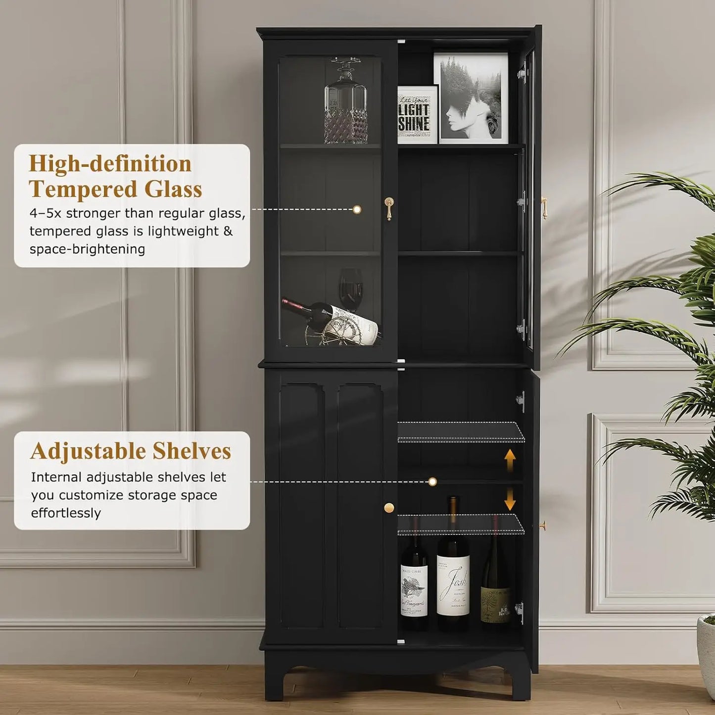 GUANGBAI Freestanding Kitchen Pantry Sideboard With Glass Door Adjustable Shelves