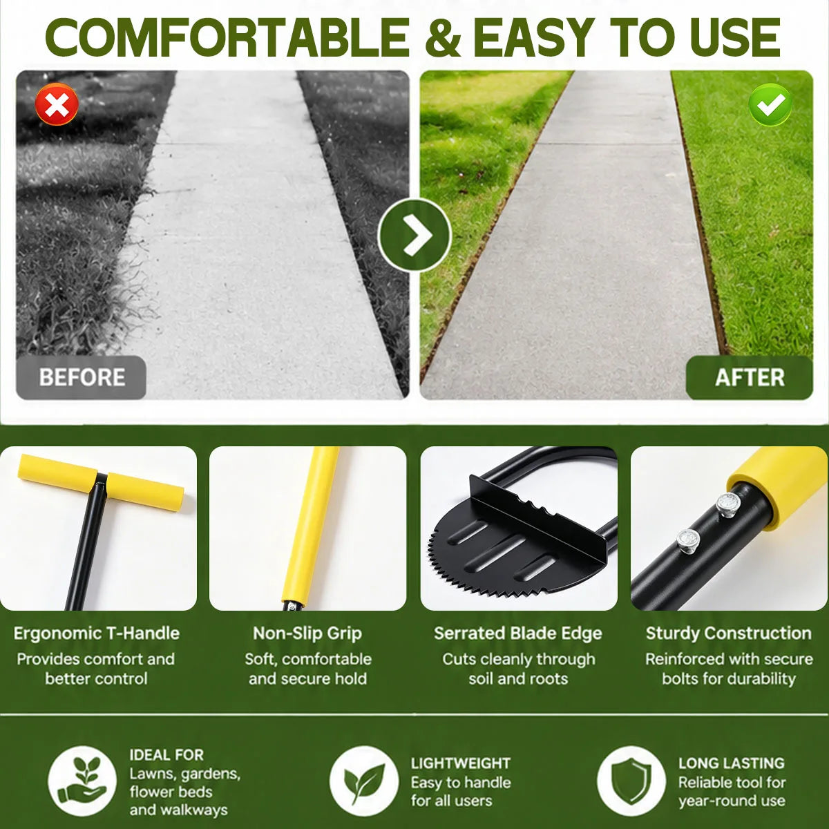 Heavy Duty Half Moon Lawn Edger With Serrated Blade And Ergonomic Handle