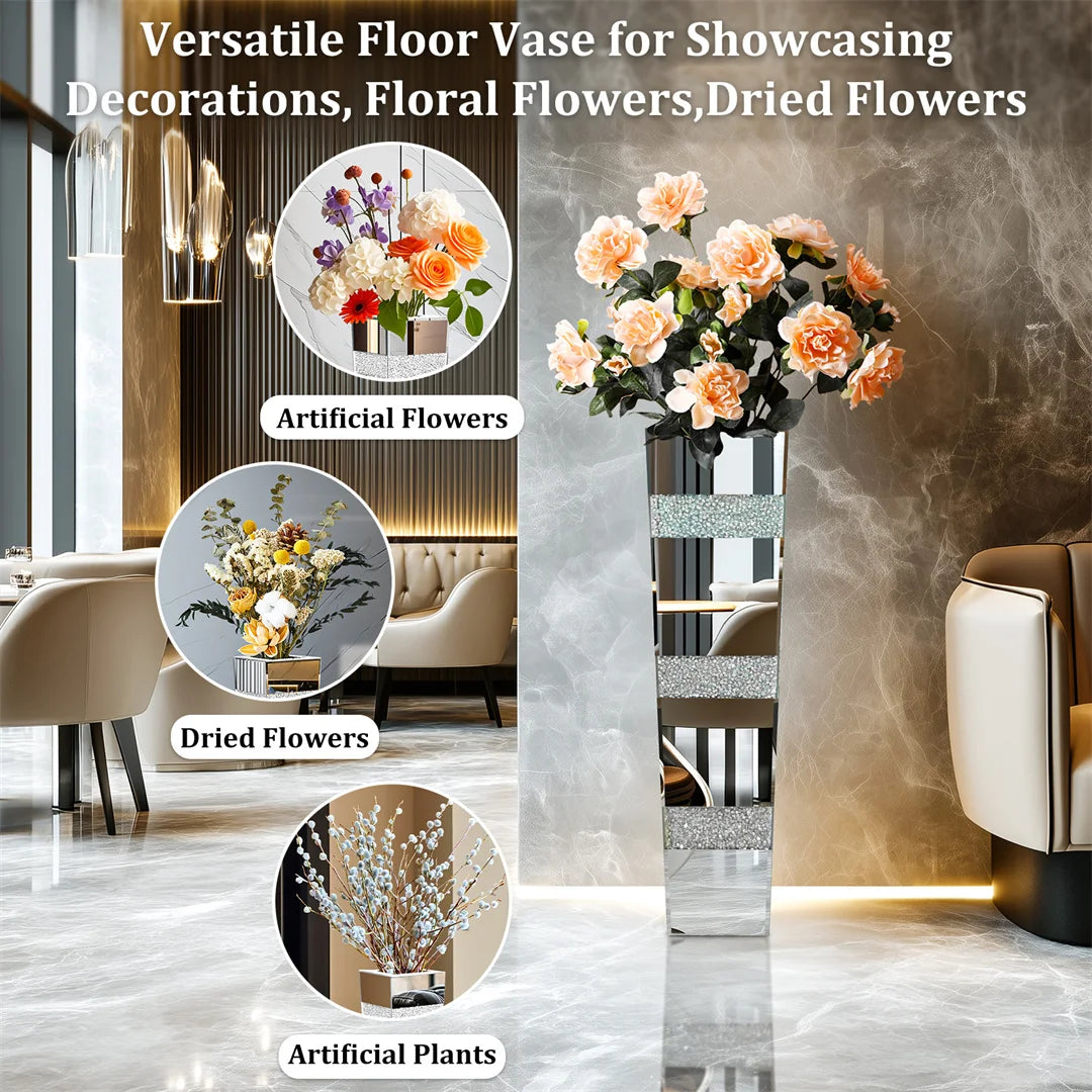 Modern Floor Vase With Crystal Glass Standing Mirrored Flower Display