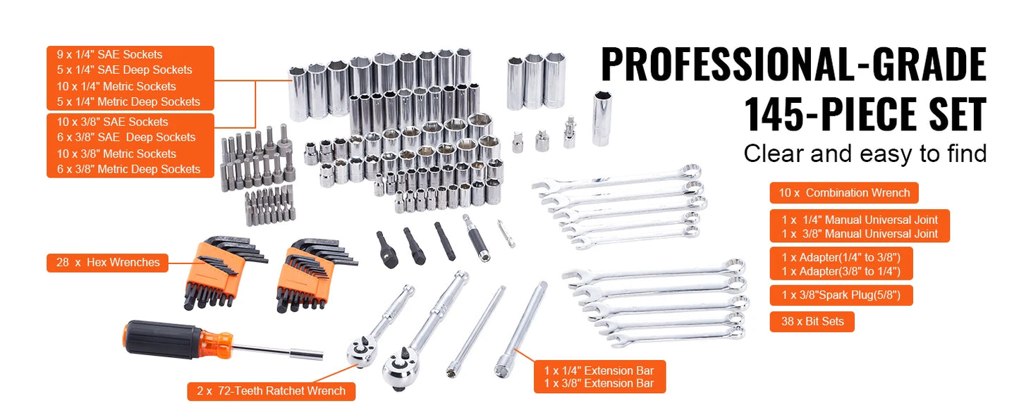 SucceBuy Mechanics Tool Set Deep And Standard Sockets 145 205 Pcs SAE Metric