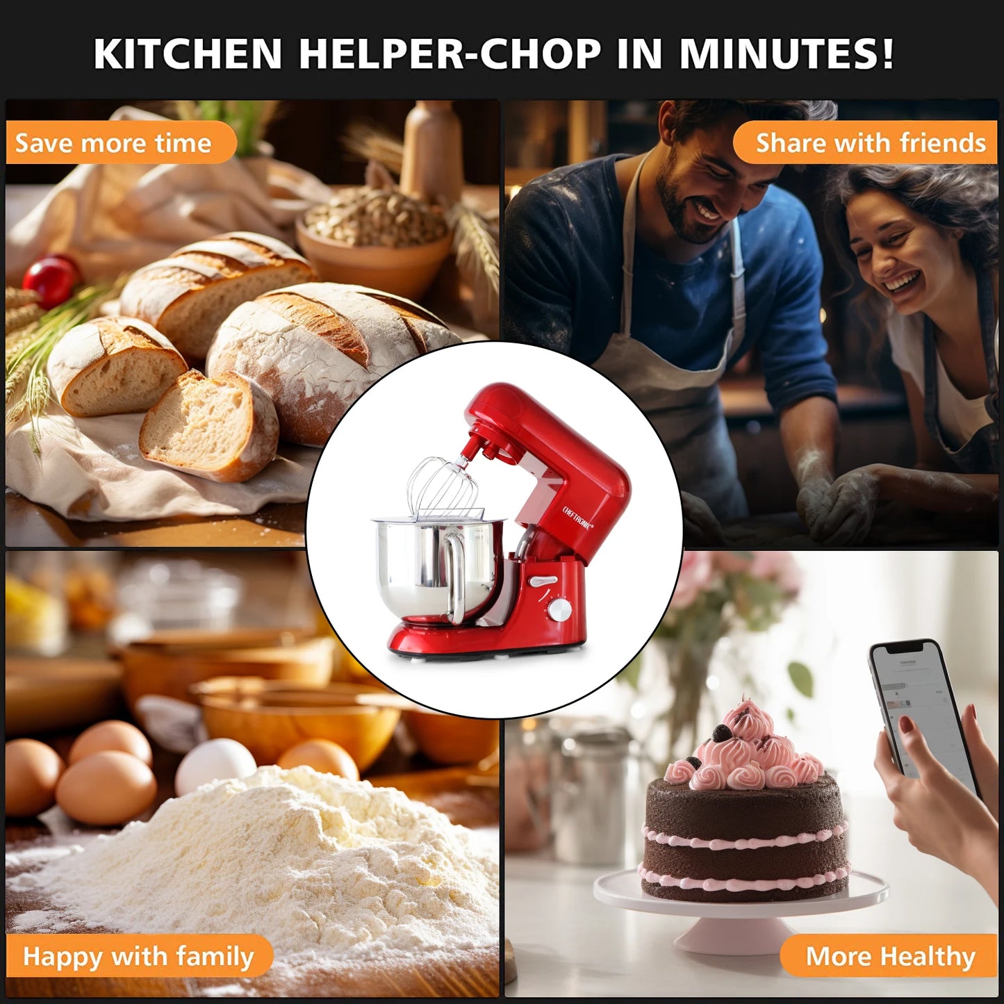 Cheftronic Tilt Head Stand Mixer Six Speed 650W Milk Frother